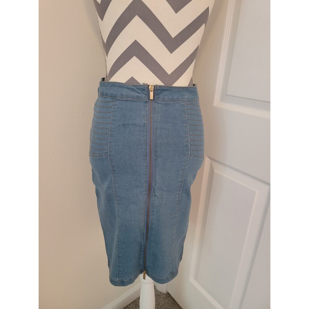 Marilyn Monroe Denim Pencil Skirt Sz M Full Front 2-Way Zip Knee Length Stretchy - Picture 6 of 12